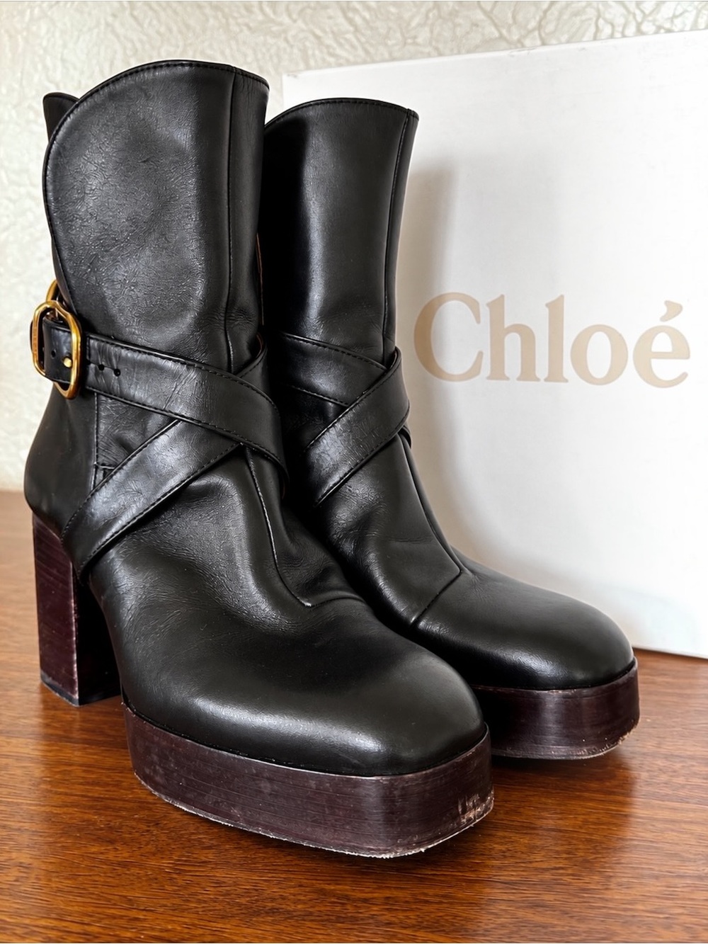Chloé Izzie Platform Ankle Boots Black Leather EU 37